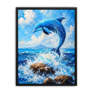 Blue dolphin ocean wall art for coastal living room and beach house decor.