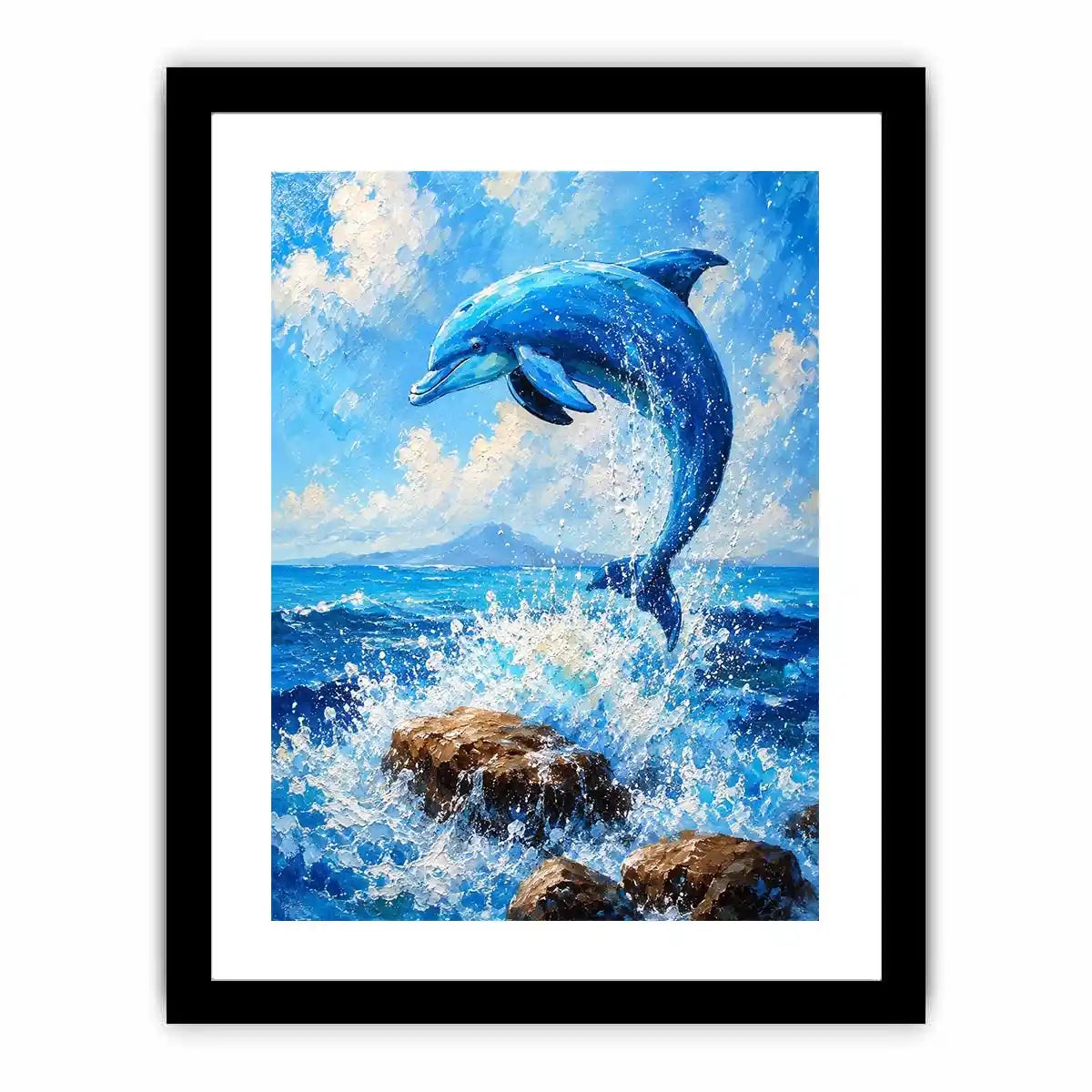 Blue dolphin ocean wall art for coastal living room and beach house decor.