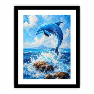Blue dolphin ocean wall art for coastal living room and beach house decor.