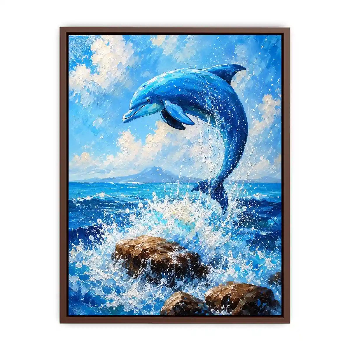 Blue dolphin ocean wall art for coastal living room and beach house decor.