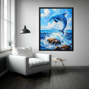 Blue dolphin ocean wall art for coastal living room and beach house decor.