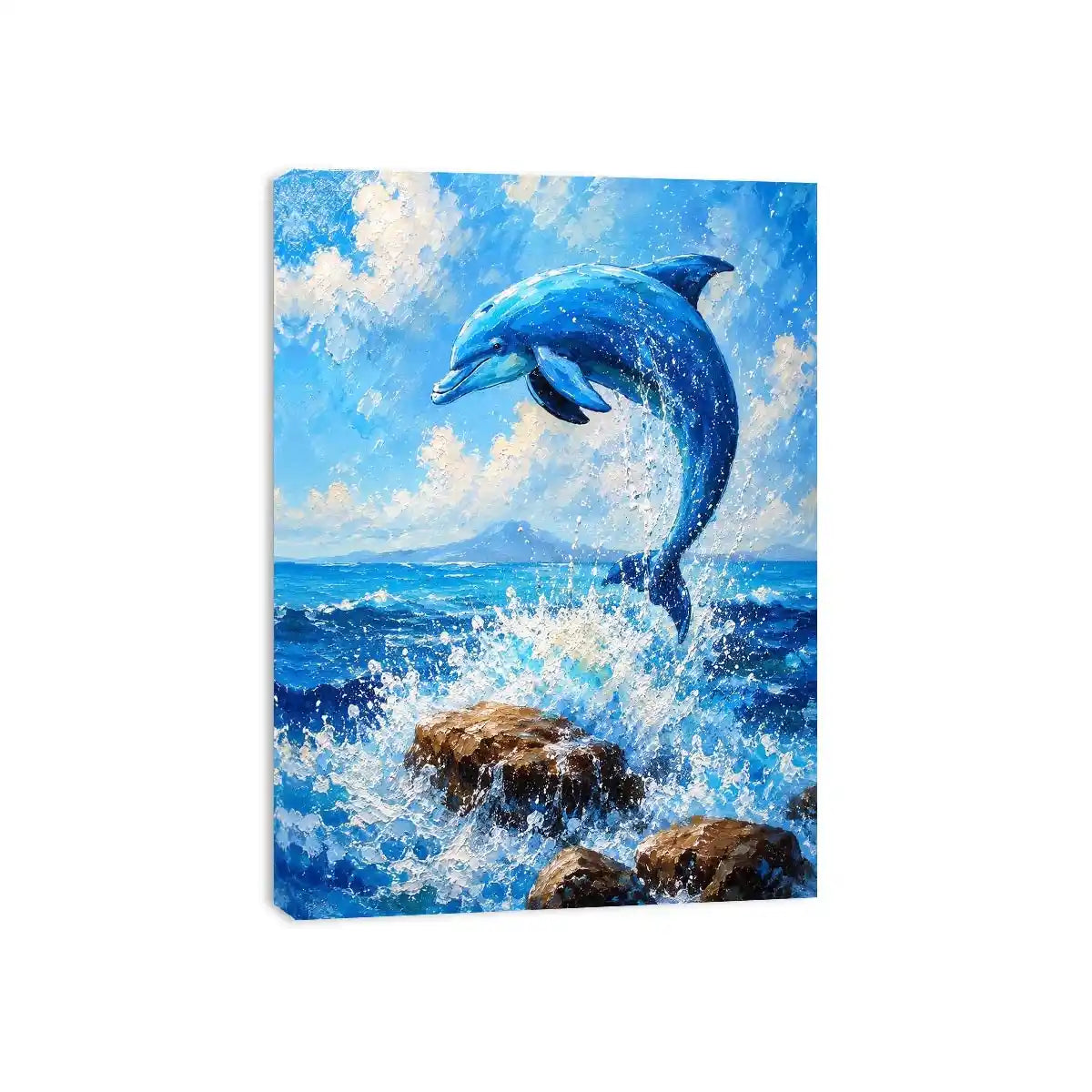 Blue dolphin ocean wall art for coastal living room and beach house decor.