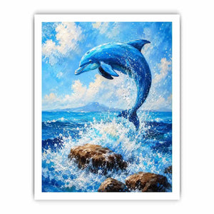 Blue dolphin ocean wall art for coastal living room and beach house decor.
