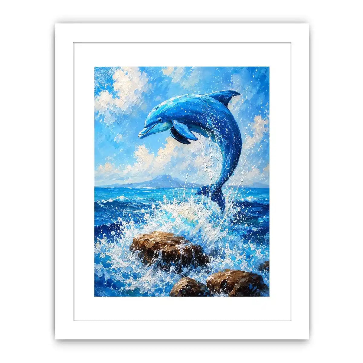 Blue dolphin ocean wall art for coastal living room and beach house decor.