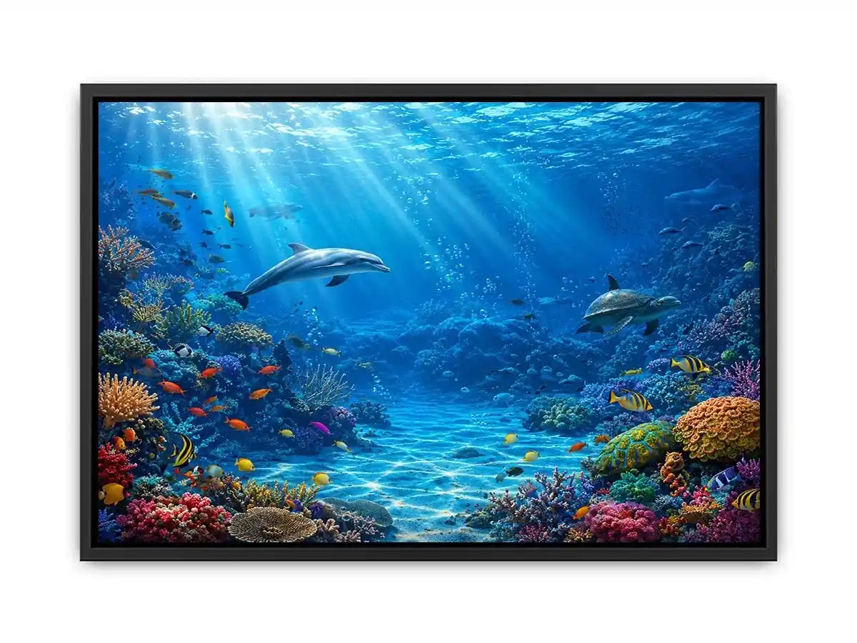 Underwater coral reef canvas art with dolphins for coastal wall decor.