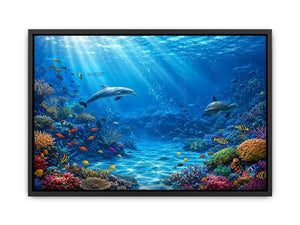 Underwater coral reef canvas art with dolphins for coastal wall decor.