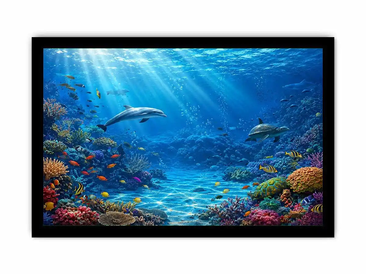Underwater coral reef canvas art with dolphins for coastal wall decor.