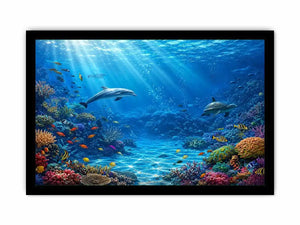 Underwater coral reef canvas art with dolphins for coastal wall decor.