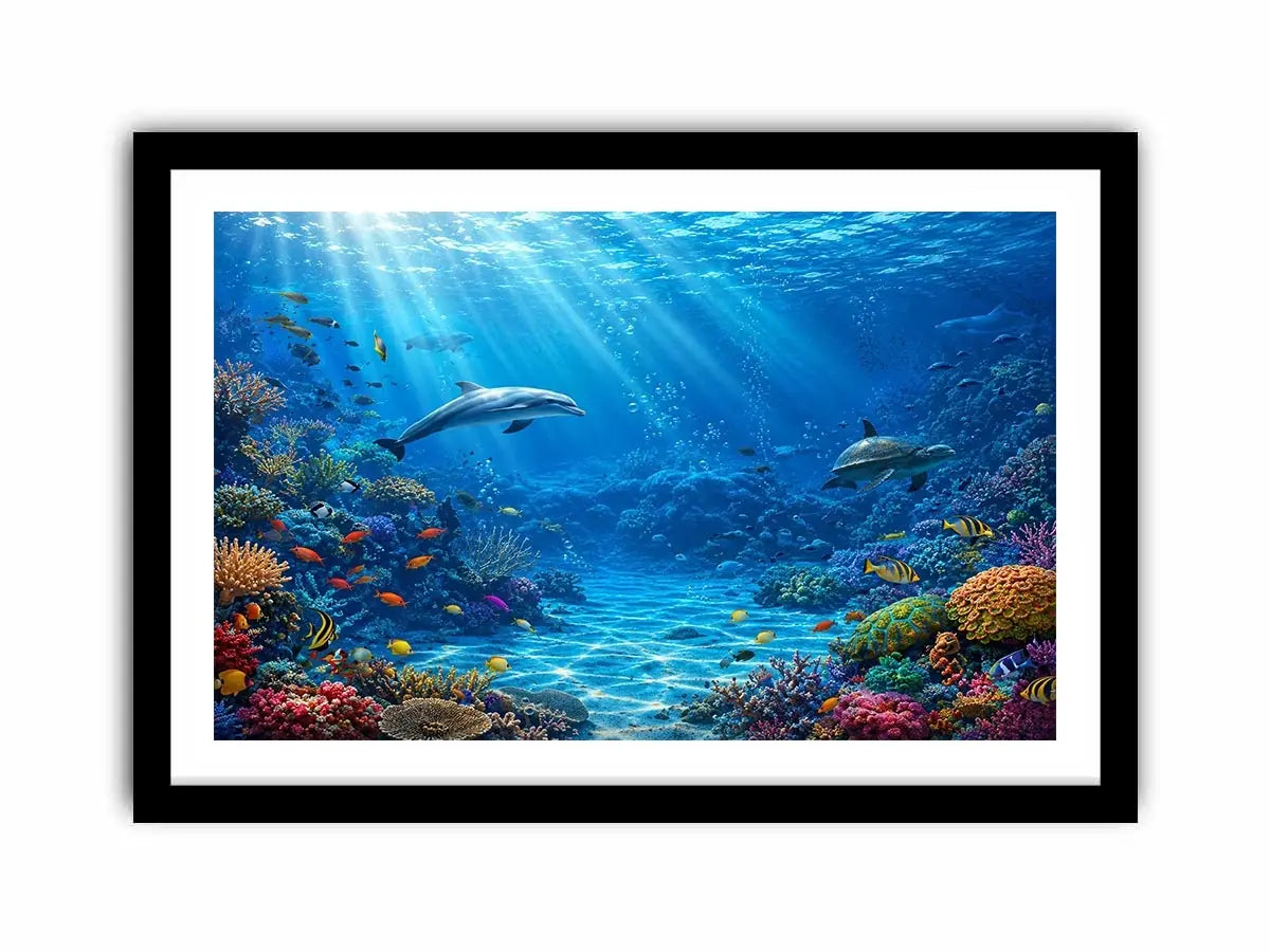 Underwater coral reef canvas art with dolphins for coastal wall decor.