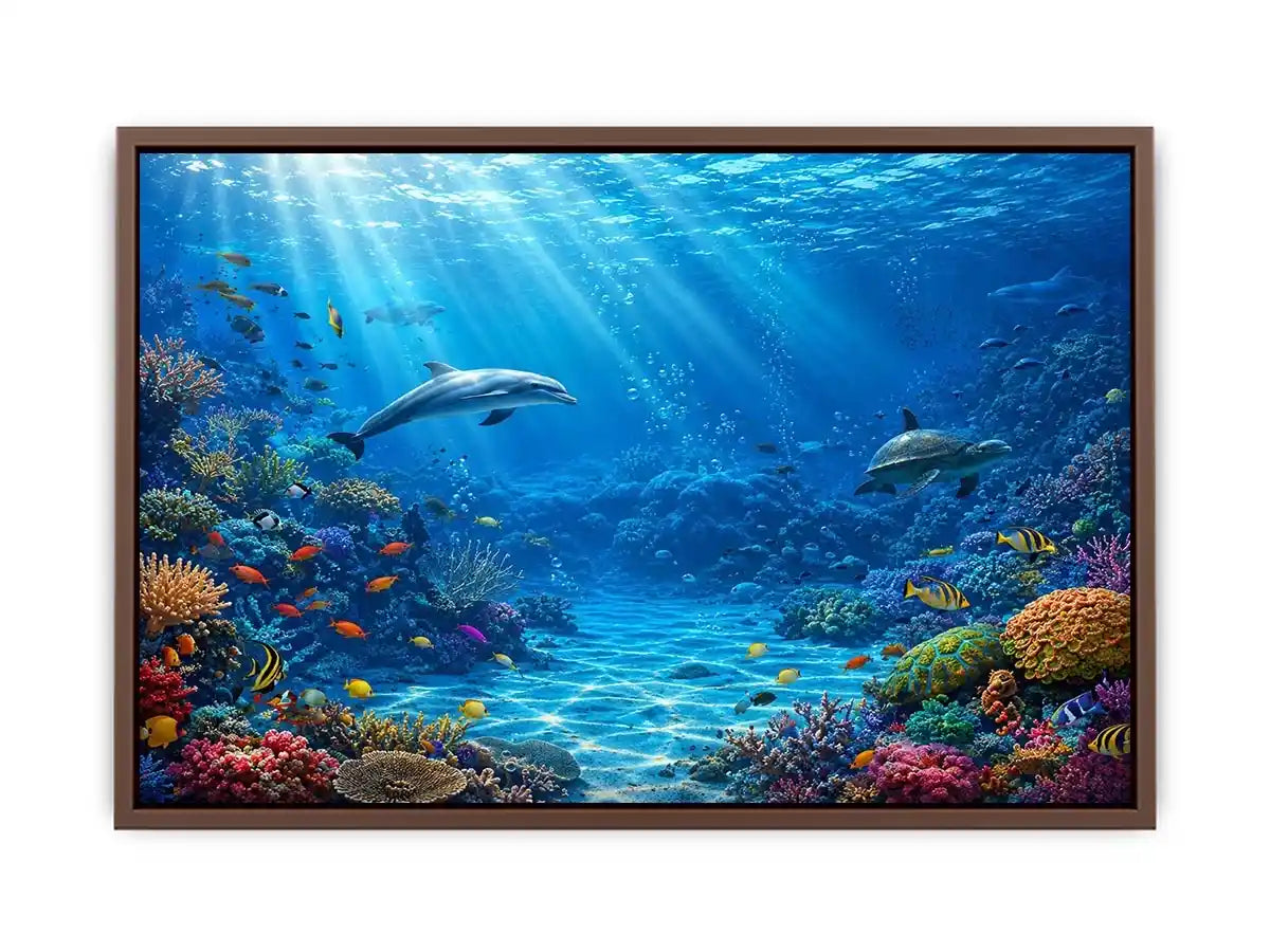 Underwater coral reef canvas art with dolphins for coastal wall decor.
