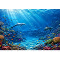 Underwater coral reef canvas art with dolphins for coastal wall decor.
