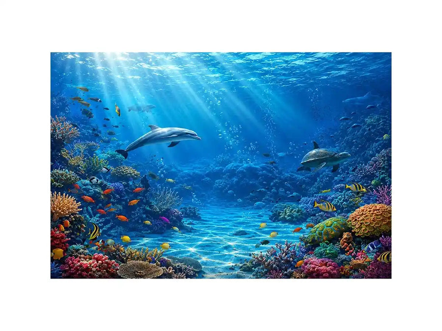 Underwater coral reef canvas art with dolphins for coastal wall decor.