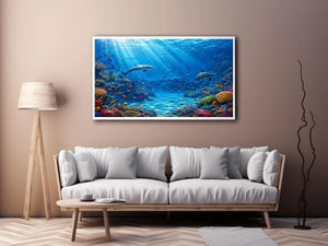 Underwater coral reef canvas art with dolphins for coastal wall decor.