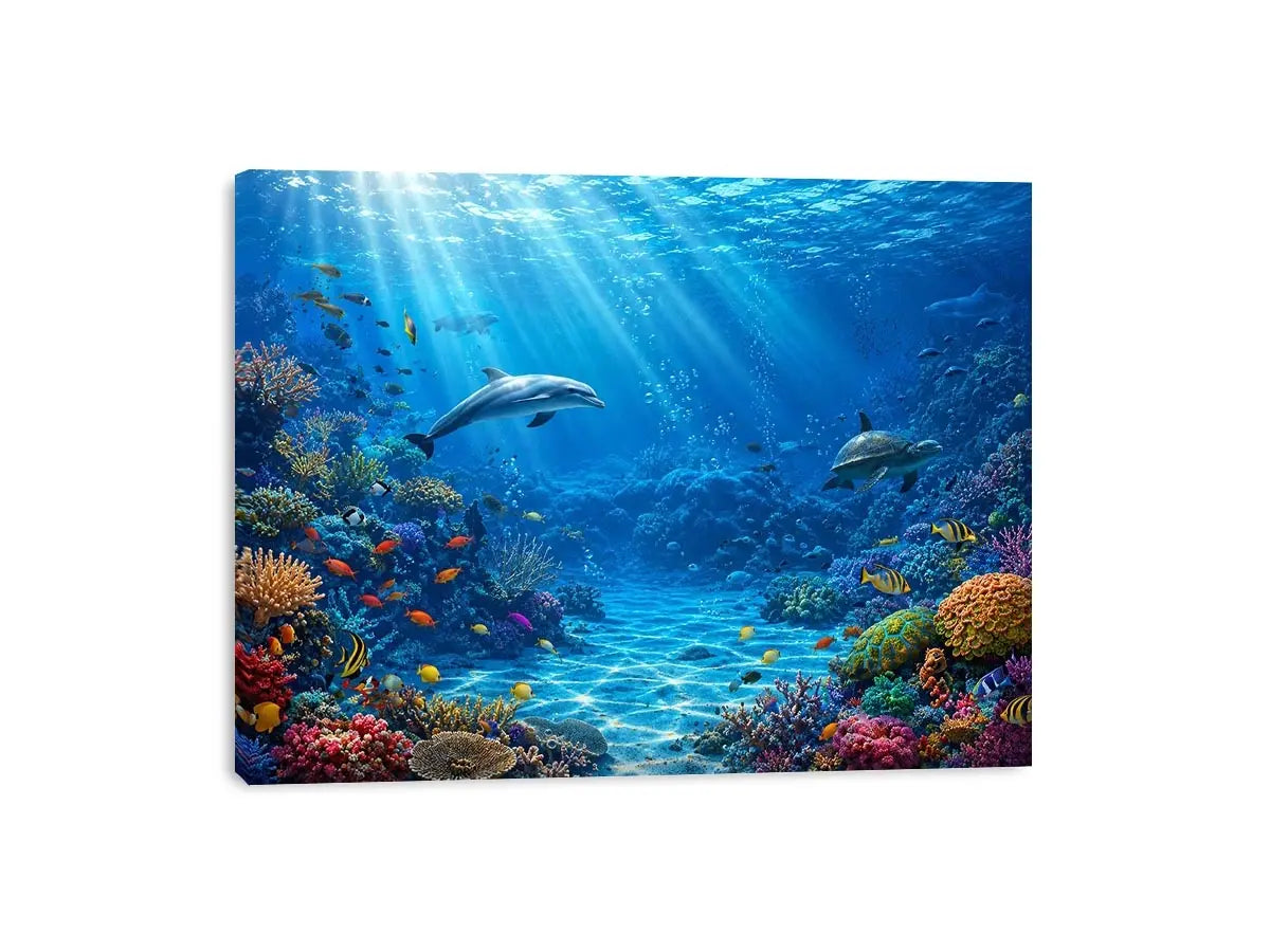 Underwater coral reef canvas art with dolphins for coastal wall decor.
