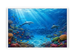 Underwater coral reef canvas art with dolphins for coastal wall decor.