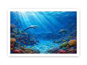 Underwater coral reef canvas art with dolphins for coastal wall decor.