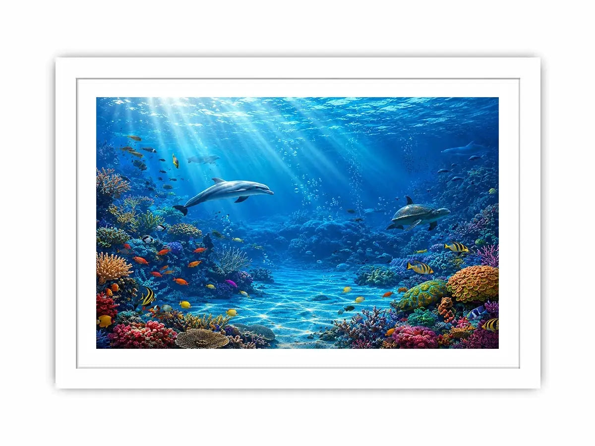 Underwater coral reef canvas art with dolphins for coastal wall decor.