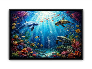 Colorful dolphin and turtle reef canvas print for coastal home decor.
