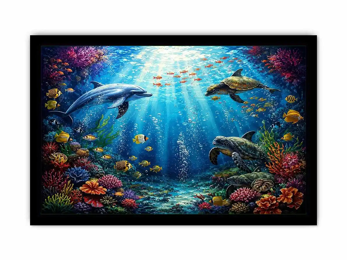 Colorful dolphin and turtle reef canvas print for coastal home decor.