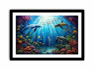 Colorful dolphin and turtle reef canvas print for coastal home decor.