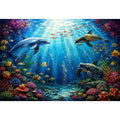 Colorful dolphin and turtle reef canvas print for coastal home decor.