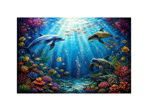Colorful dolphin and turtle reef canvas print for coastal home decor.