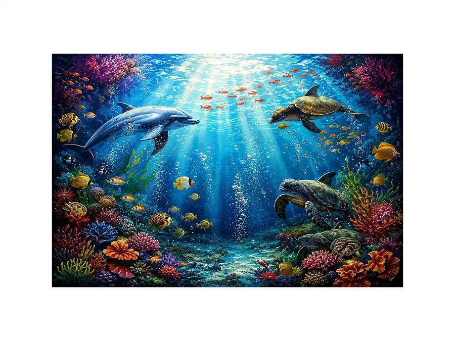 Colorful dolphin and turtle reef canvas print for coastal home decor.