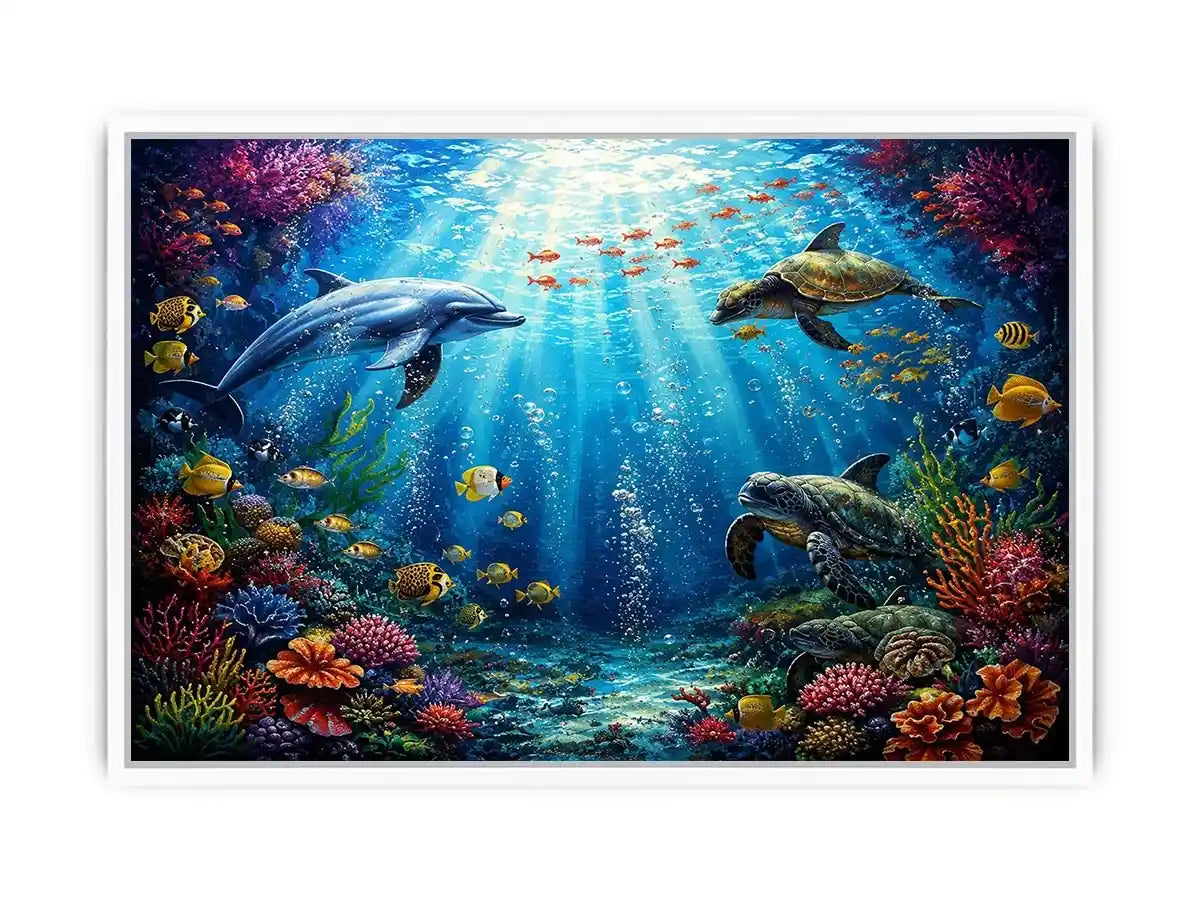 Colorful dolphin and turtle reef canvas print for coastal home decor.