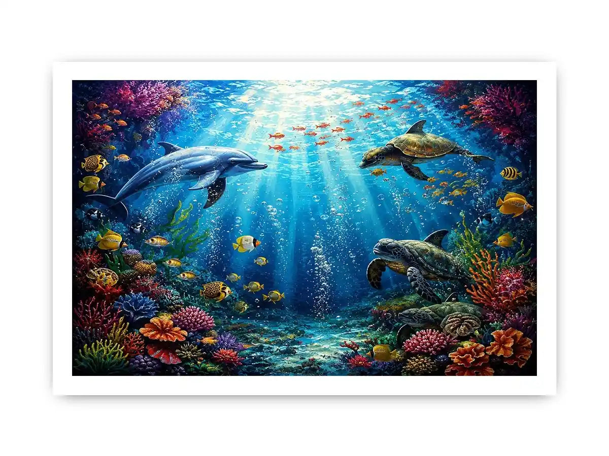 Colorful dolphin and turtle reef canvas print for coastal home decor.