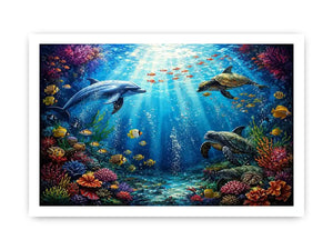 Colorful dolphin and turtle reef canvas print for coastal home decor.