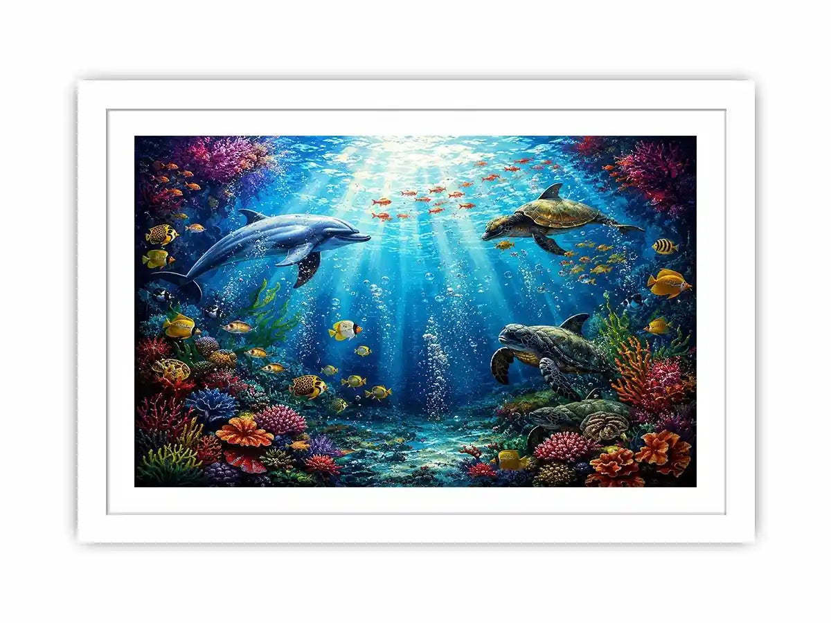 Colorful dolphin and turtle reef canvas print for coastal home decor.