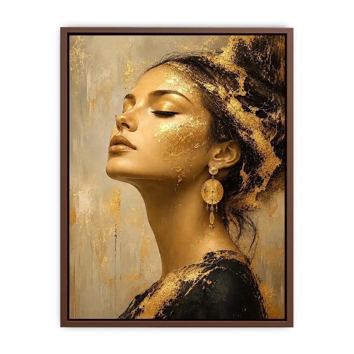 Luxury textured woman portrait canvas art with gold accents for elegant modern living room decor.