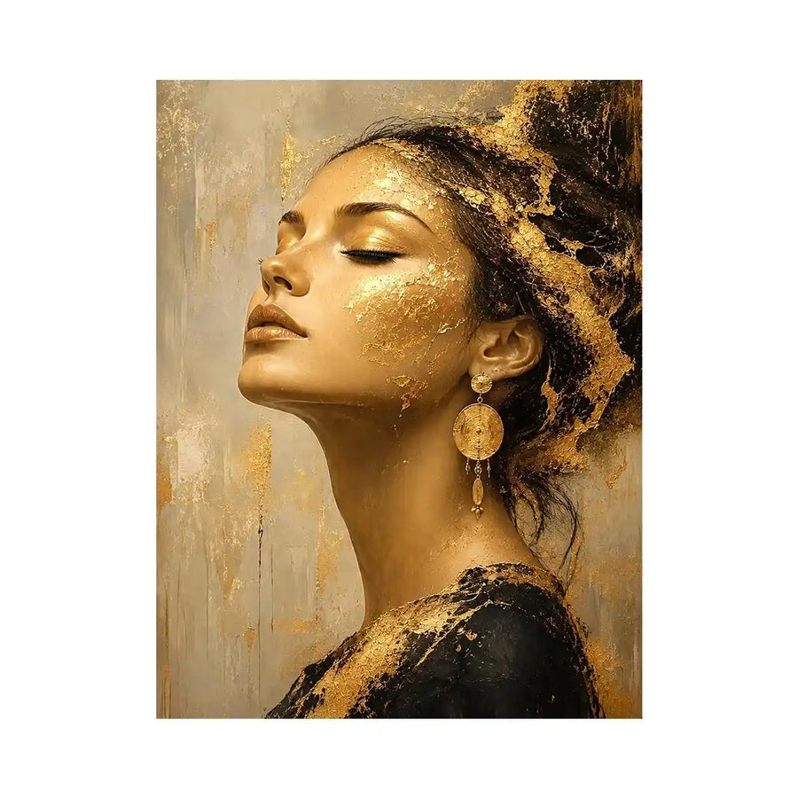 Luxury textured woman portrait canvas art with gold accents for elegant modern living room decor.