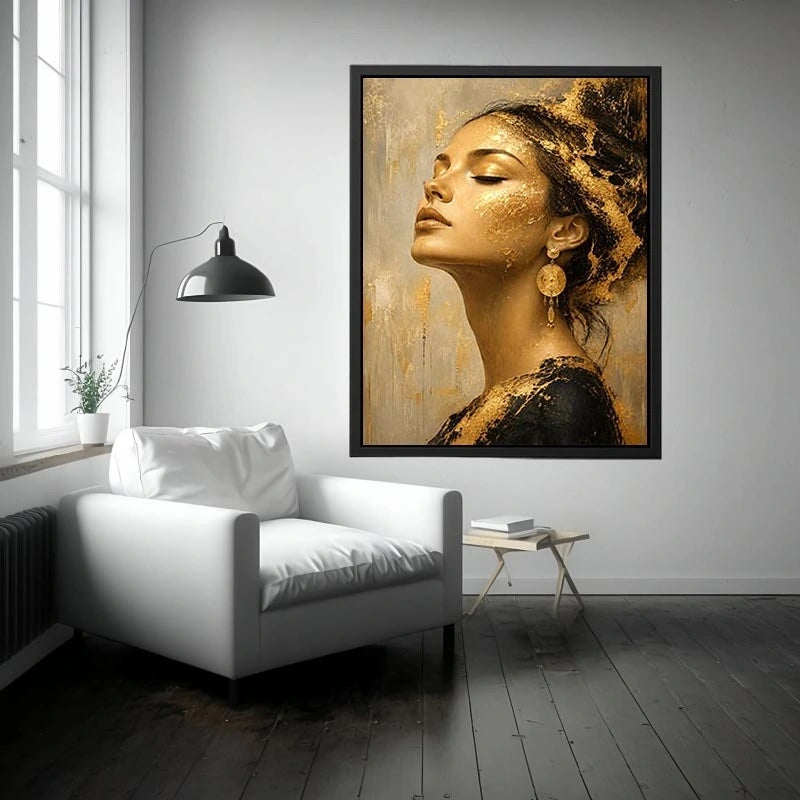 Luxury textured woman portrait canvas art with gold accents for elegant modern living room decor.