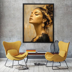 Luxury textured woman portrait canvas art with gold accents for elegant modern living room decor.