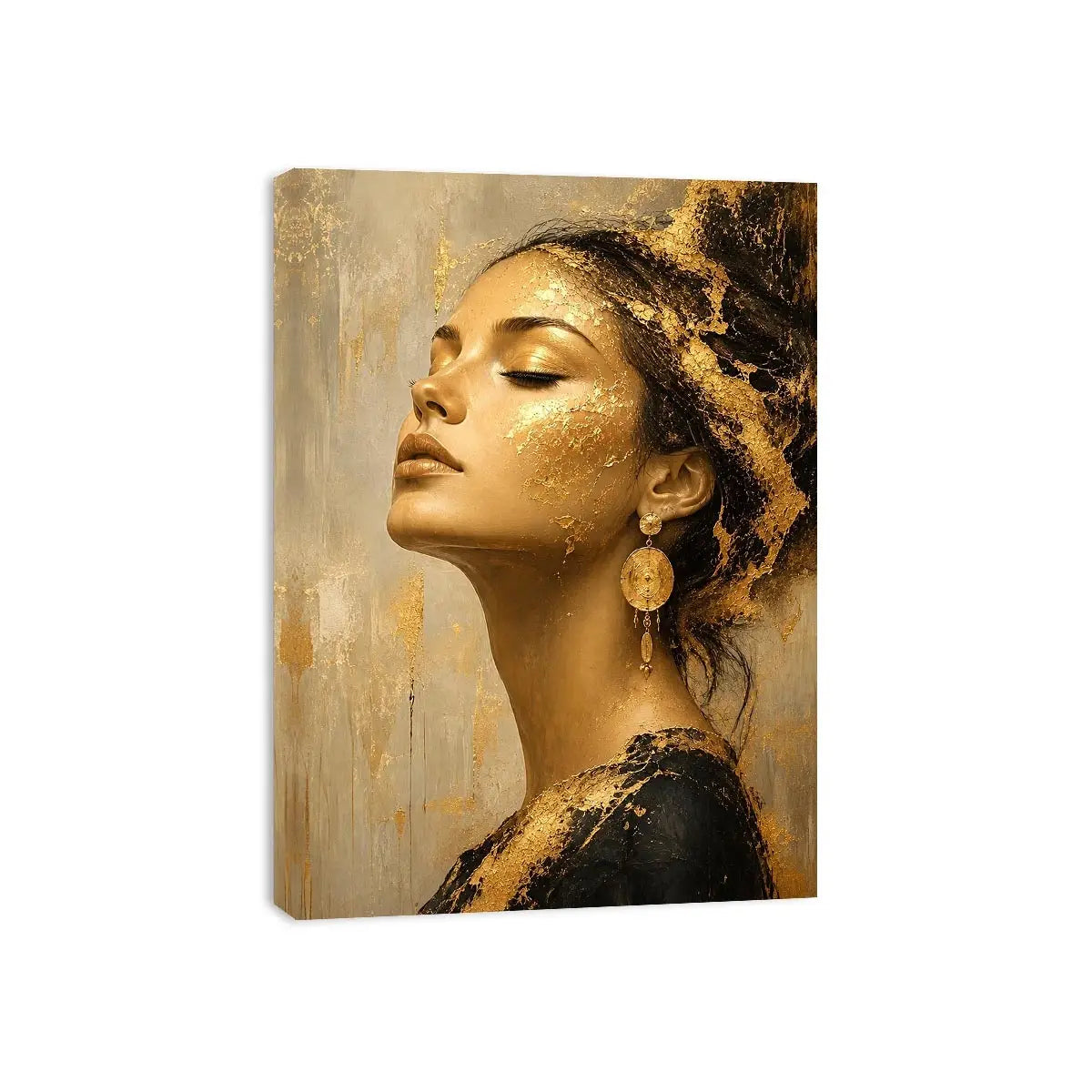 Luxury textured woman portrait canvas art with gold accents for elegant modern living room decor.