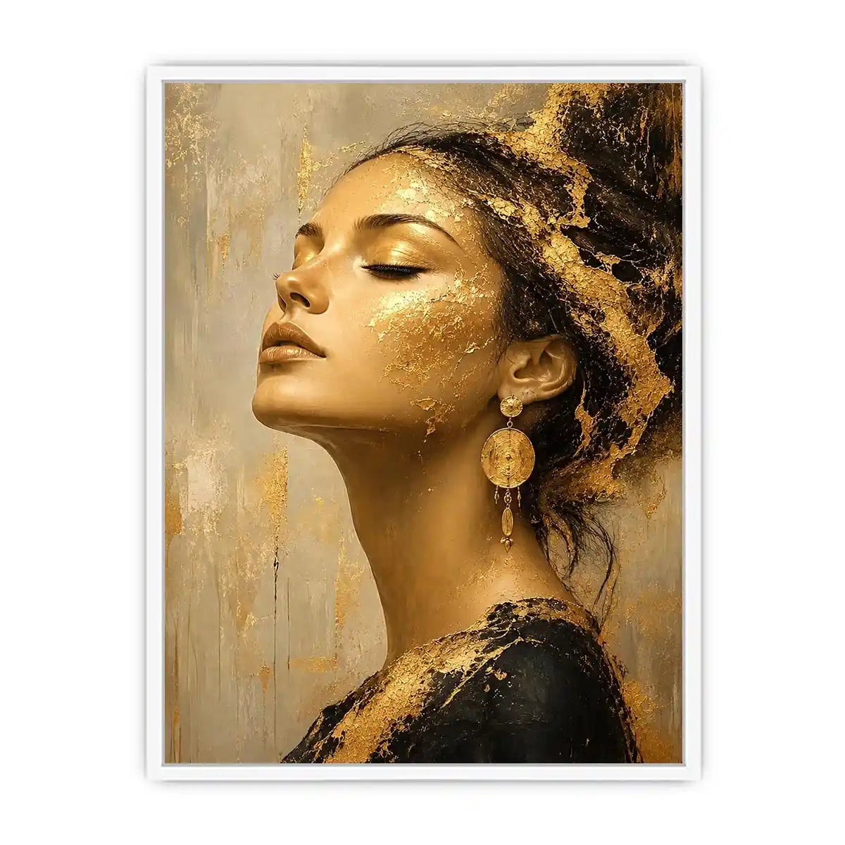 Luxury textured woman portrait canvas art with gold accents for elegant modern living room decor.