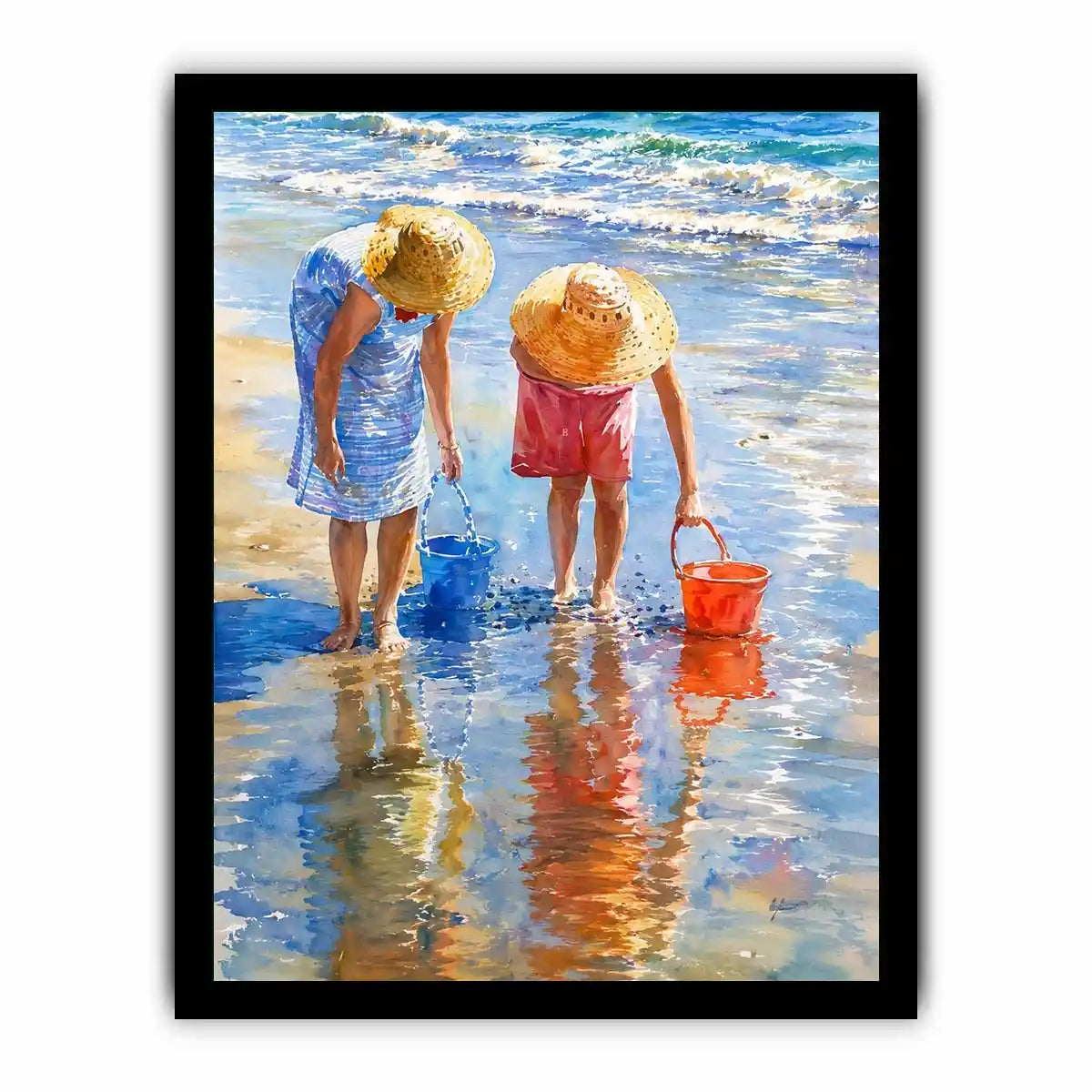 Watercolor beach artwork with children and ocean reflections for coastal living room decor.