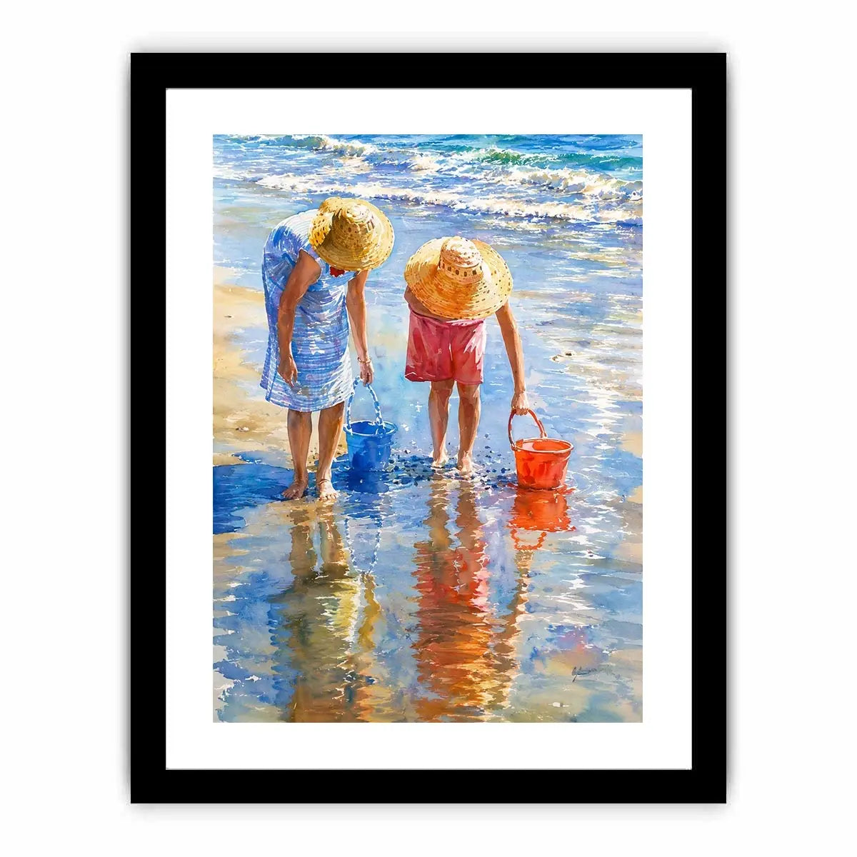 Watercolor beach artwork with children and ocean reflections for coastal living room decor.