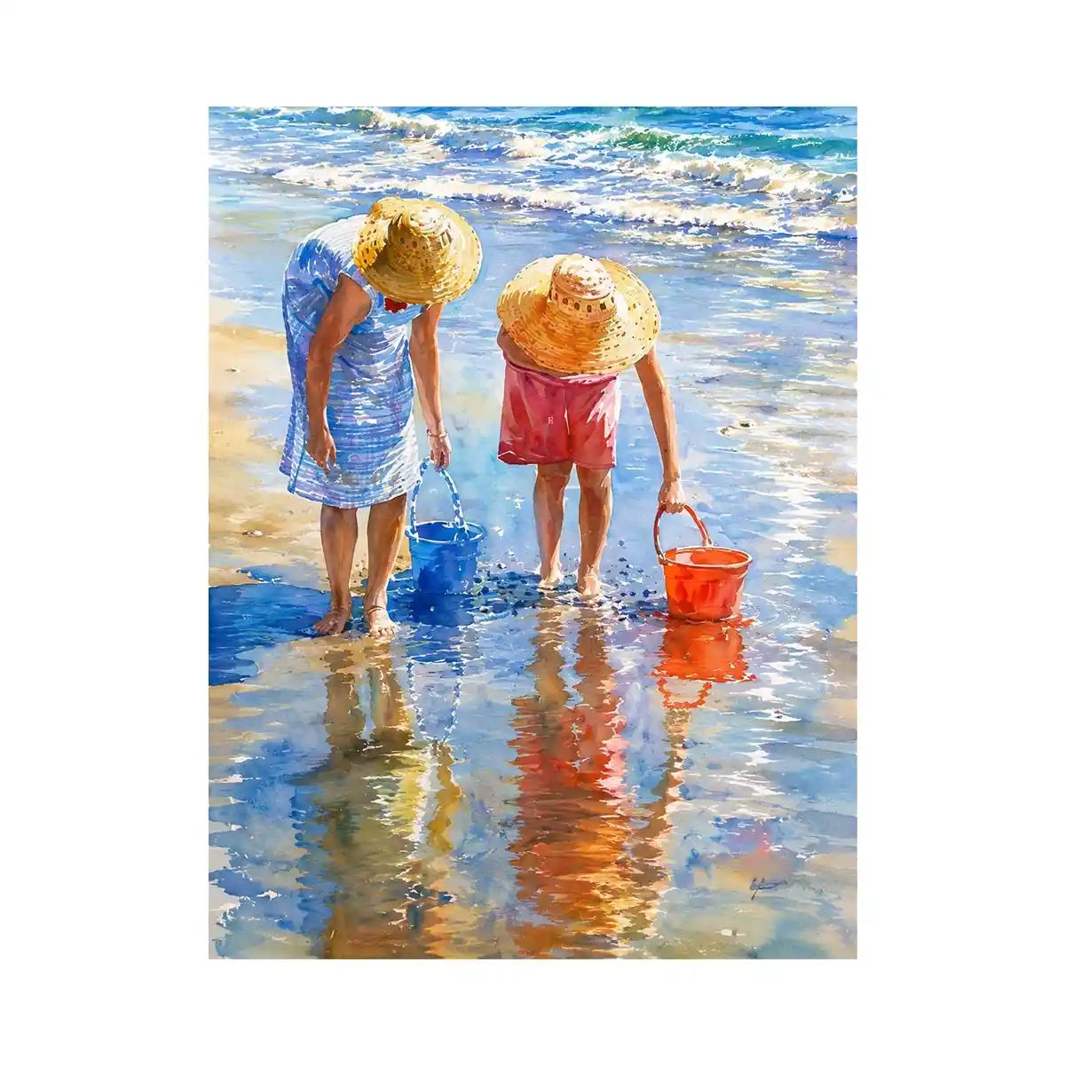 Watercolor beach artwork with children and ocean reflections for coastal living room decor.