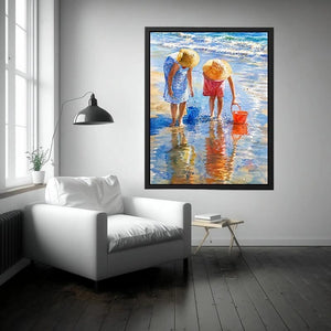 Watercolor beach artwork with children and ocean reflections for coastal living room decor.
