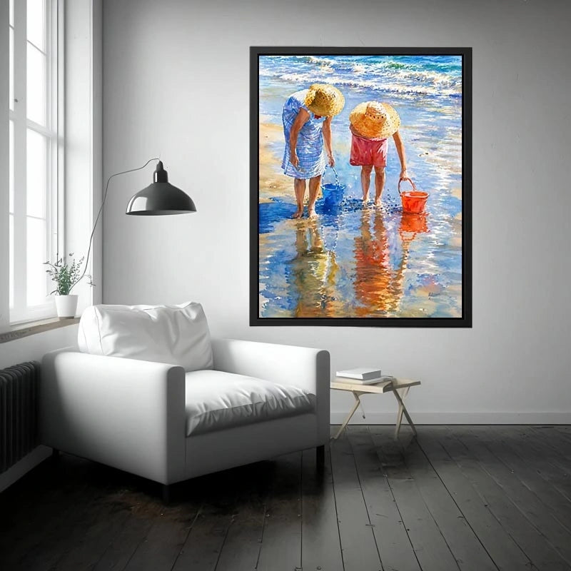 Watercolor beach artwork with children and ocean reflections for coastal living room decor.