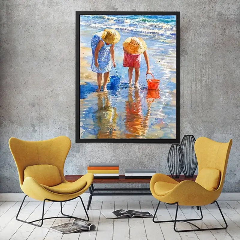 Watercolor beach artwork with children and ocean reflections for coastal living room decor.
