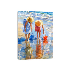 Watercolor beach artwork with children and ocean reflections for coastal living room decor.