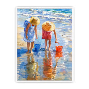 Watercolor beach artwork with children and ocean reflections for coastal living room decor.