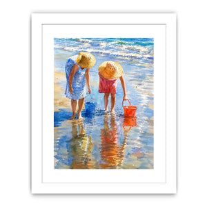 Watercolor beach artwork with children and ocean reflections for coastal living room decor.