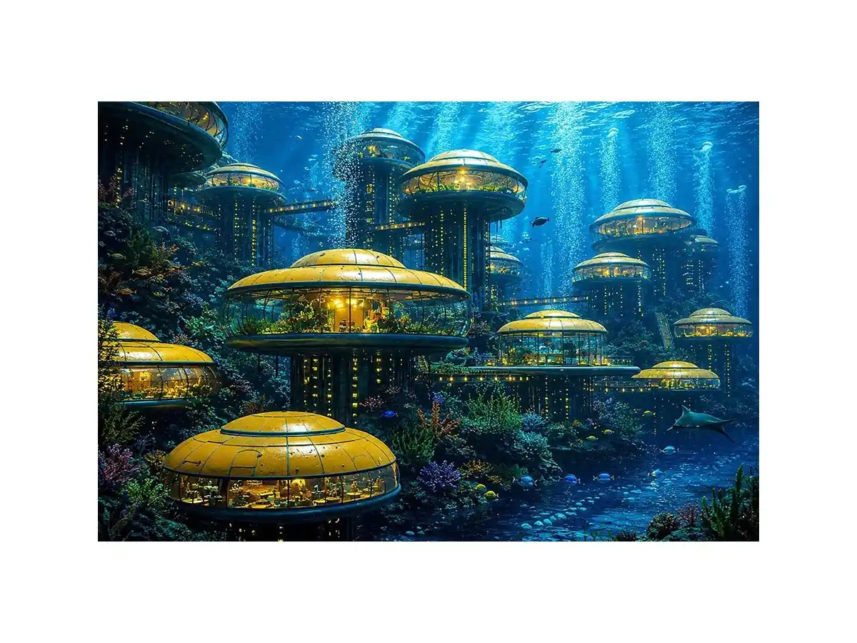 Futuristic underwater city canvas art for modern office and luxury interiors.