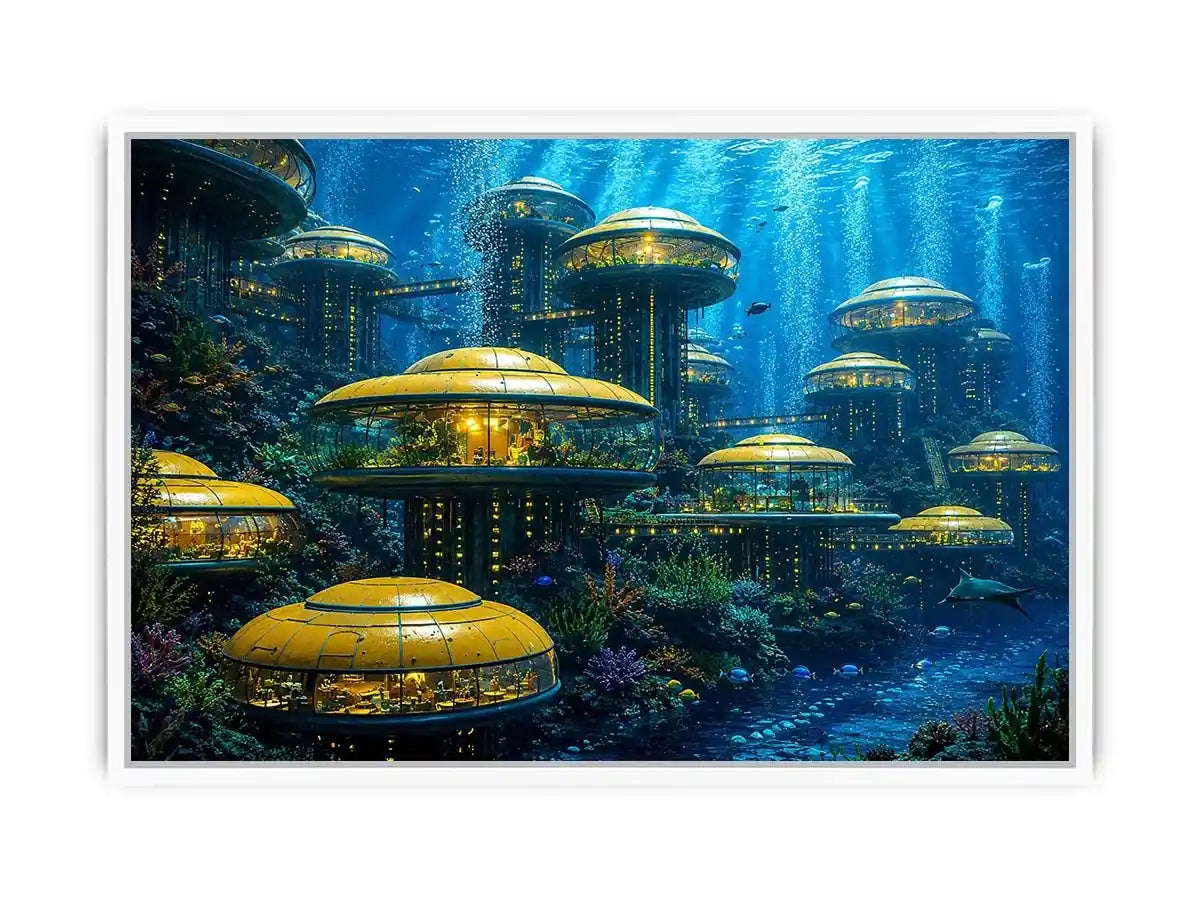 Futuristic underwater city canvas art for modern office and luxury interiors.