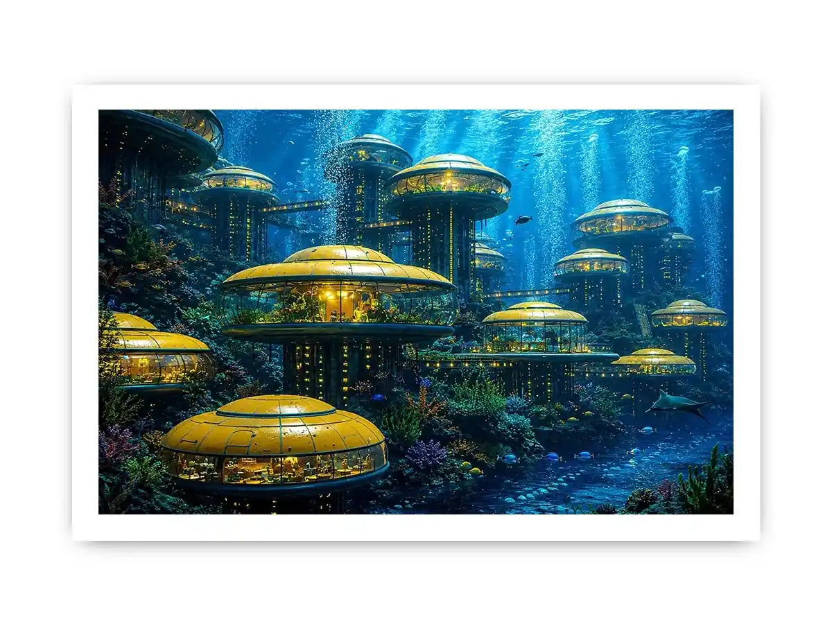 Futuristic underwater city canvas art for modern office and luxury interiors.