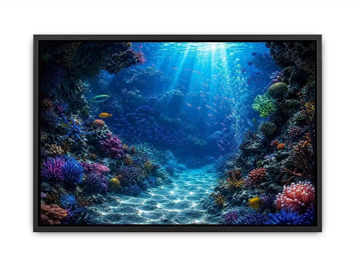 Colorful coral reef wall art for coastal bedroom and beach house decor.
